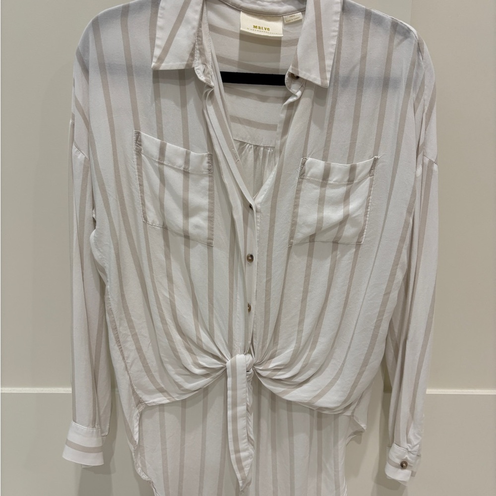 Anthropologie White Gray Button Down Shirt Tie Front